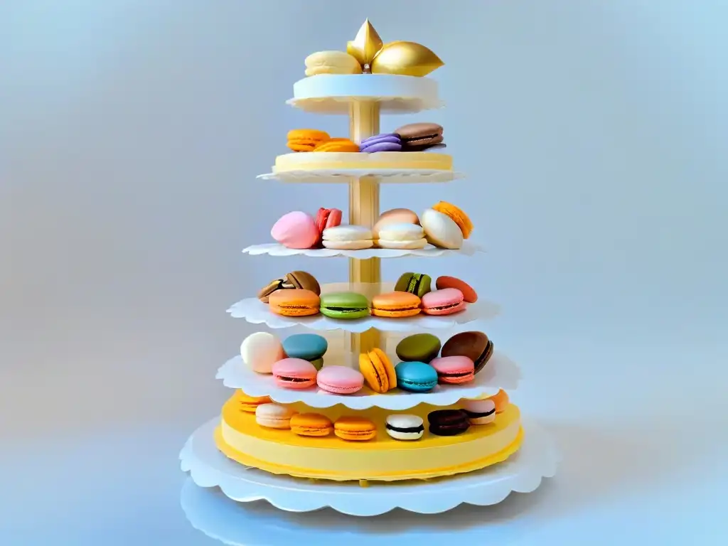 Exquisita torre de macarons franceses en colores pastel y diseños intrincados, muestra la precisión de la repostería global sabores internacionales