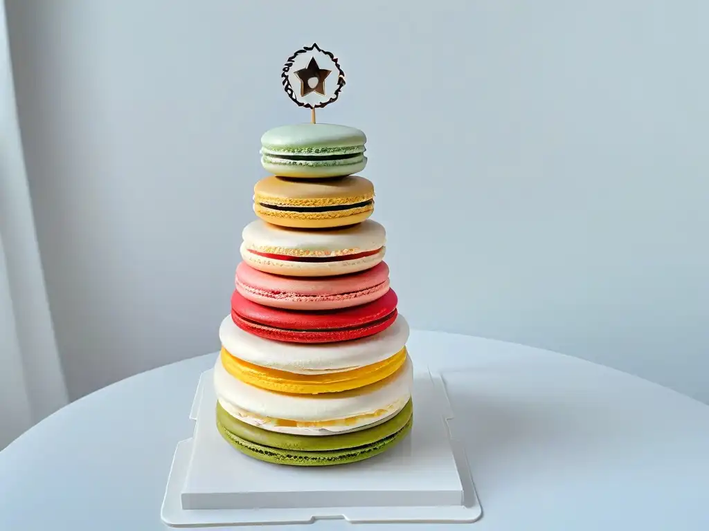 Exquisita torre de macarons en tonos pastel, detalle y elegancia en repostería
