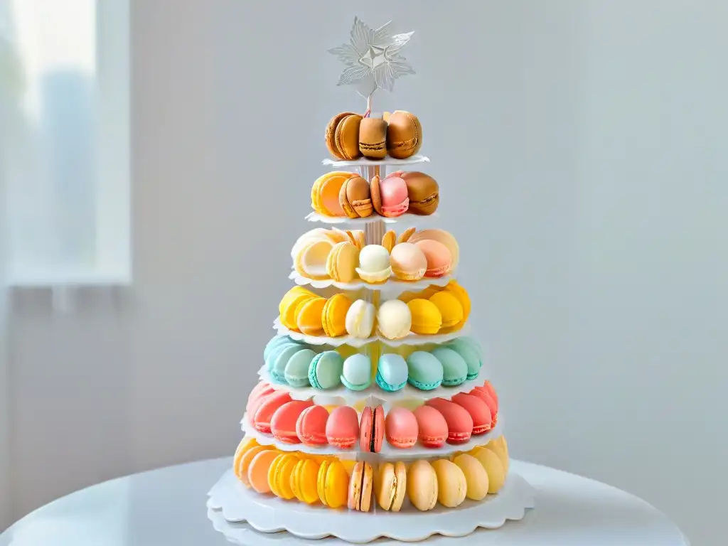 Exquisita torre de macarons en tonos pastel, destacando su elegancia y precisión