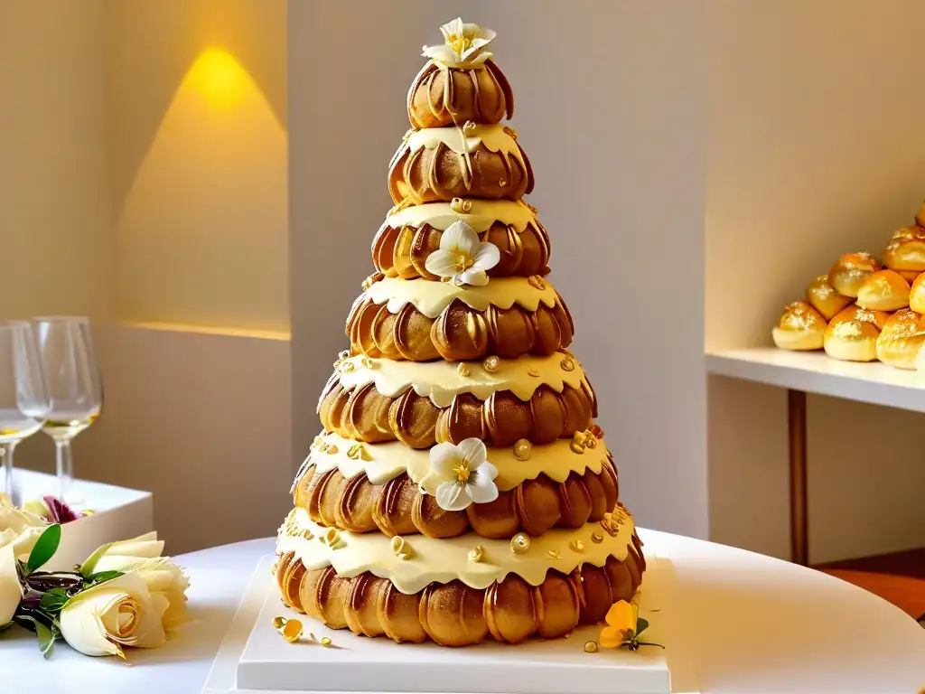 Una exquisita torre de croquembouche francés, símbolo de elegancia y celebración en bodas alrededor del mundo