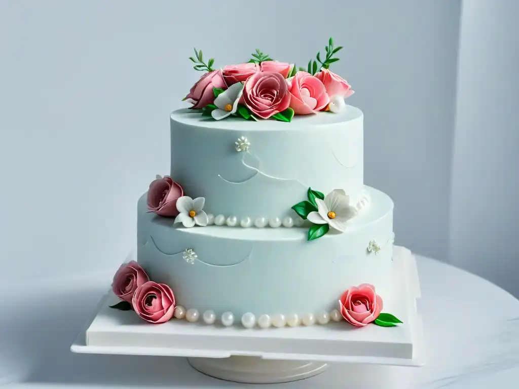 Exquisita torta de bodas blanca con decoración detallada y perlas comestibles en un elegante mostrador de mármol