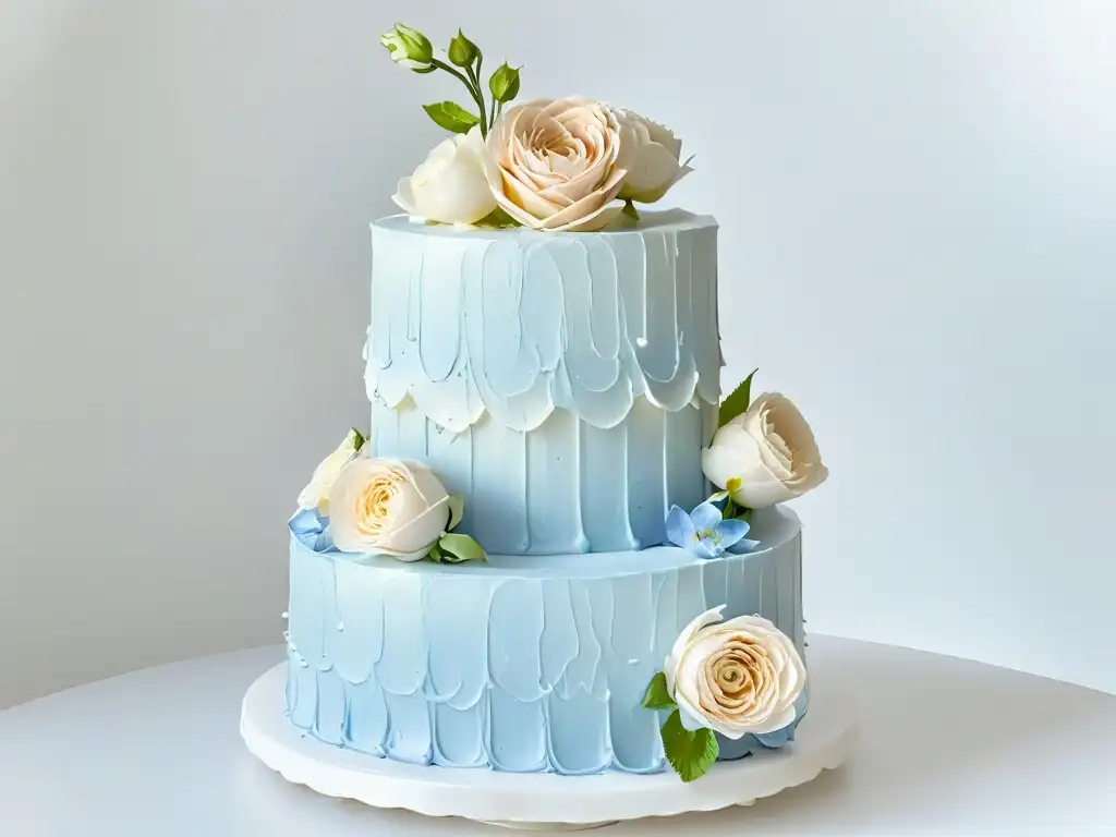 Una exquisita torta de bodas en capas con detalles blancos, flores en tonos pastel y base de mármol