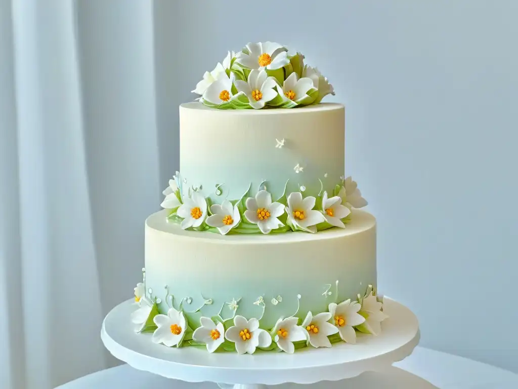 Exquisita tarta de boda con flores de azúcar y encaje Una exquisita torta de bodas con decoraciones detalladas y elegantes, exhibida en un pedestal blanco minimalista