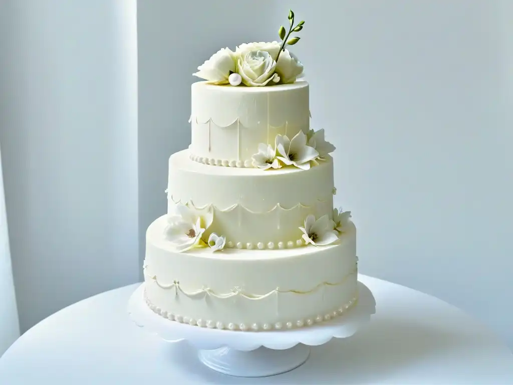 Una exquisita torta de bodas decorada con técnicas de relleno y cobertura, en tonos de marfil y dorado