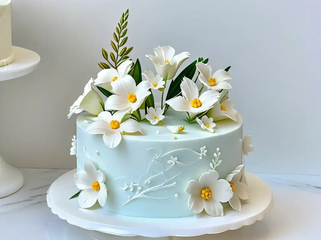 Exquisita torta de bodas con fondant blanco y flores de azúcar, en base de mármol