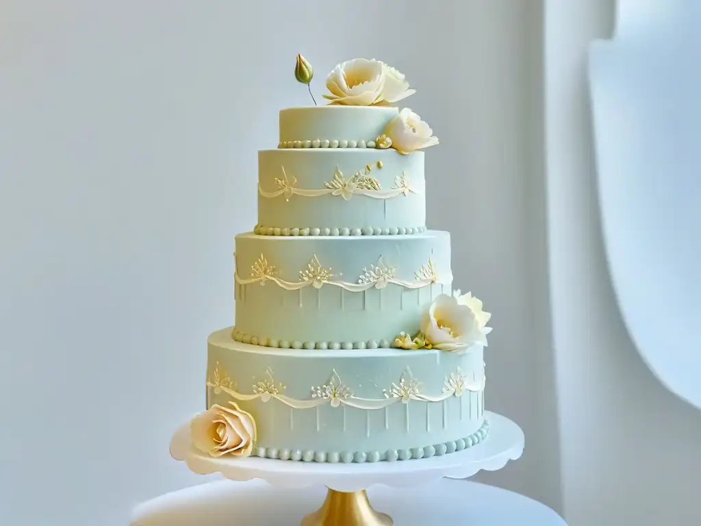 Exquisita torta de bodas de tres niveles con encaje blanco, flores de azúcar y detalles en oro comestible