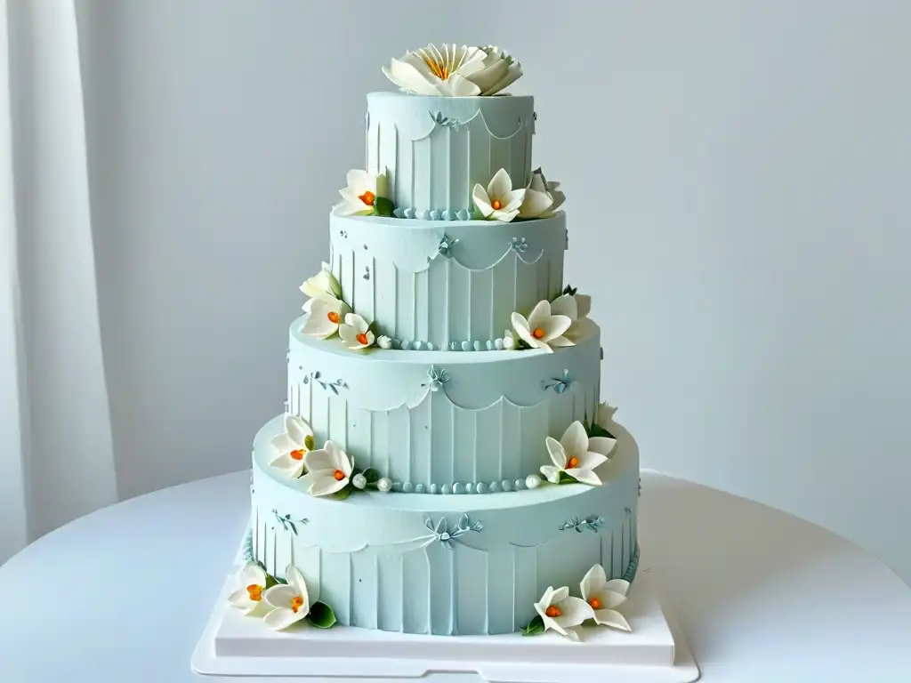 Exquisita torta de bodas de varios niveles con decoración elegante en tonos pastel, perfectamente simétrica y sofisticada