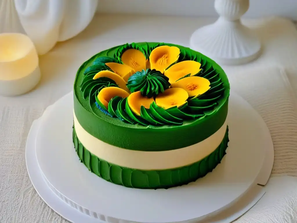 Una exquisita Torta de capas Kueh Lapis recién cortada, muestra su intrincado diseño y colores vibrantes en un elegante plato blanco