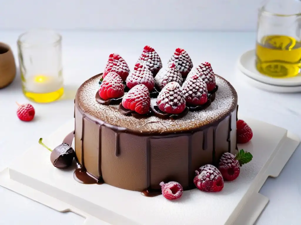 Una exquisita torta de chocolate con aceite de oliva, frambuesas frescas y menta, sobre un elegante soporte de mármol blanco