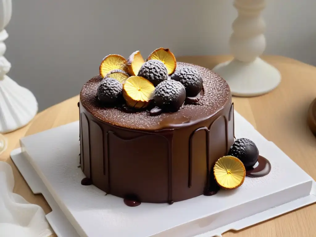 Una exquisita torta de chocolate con infusión de trufa, capas húmedas y ganache brillante, decorada con aceite de trufa en repostería