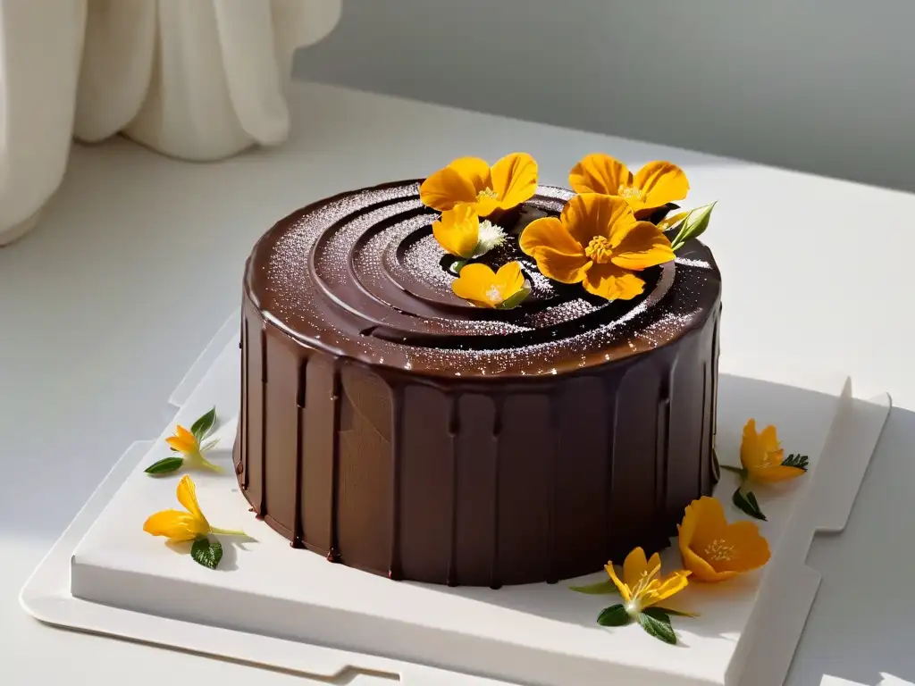 Una exquisita torta de chocolate decorada con caramelo y flores comestibles, en un plato blanco moderno