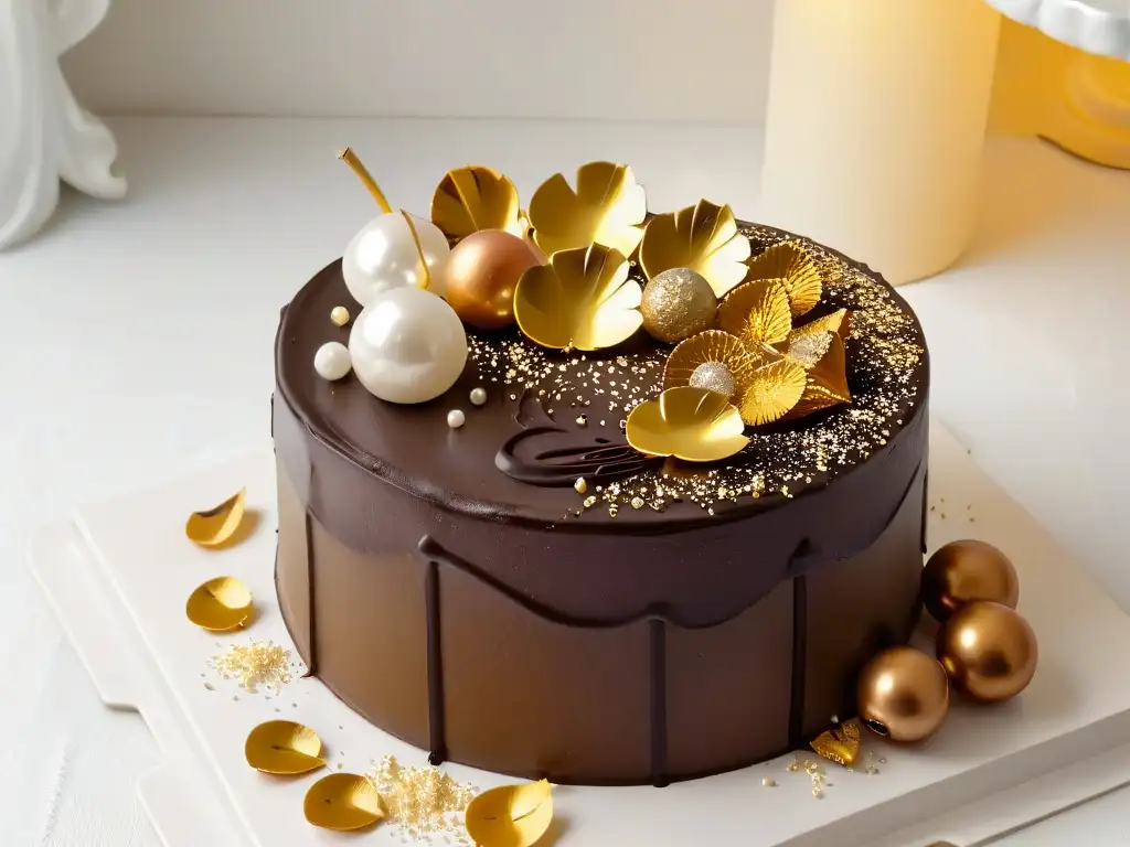 Una exquisita torta de chocolate decorada con hojuelas de oro y perlas de azúcar