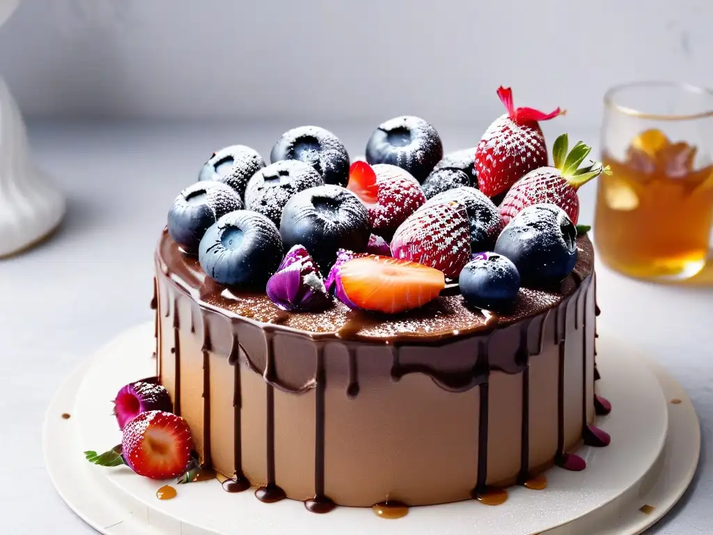 Una exquisita torta de chocolate con frutos rojos frescos, salsa de caramelo y flores comestibles, en un plato blanco sobre fondo minimalista