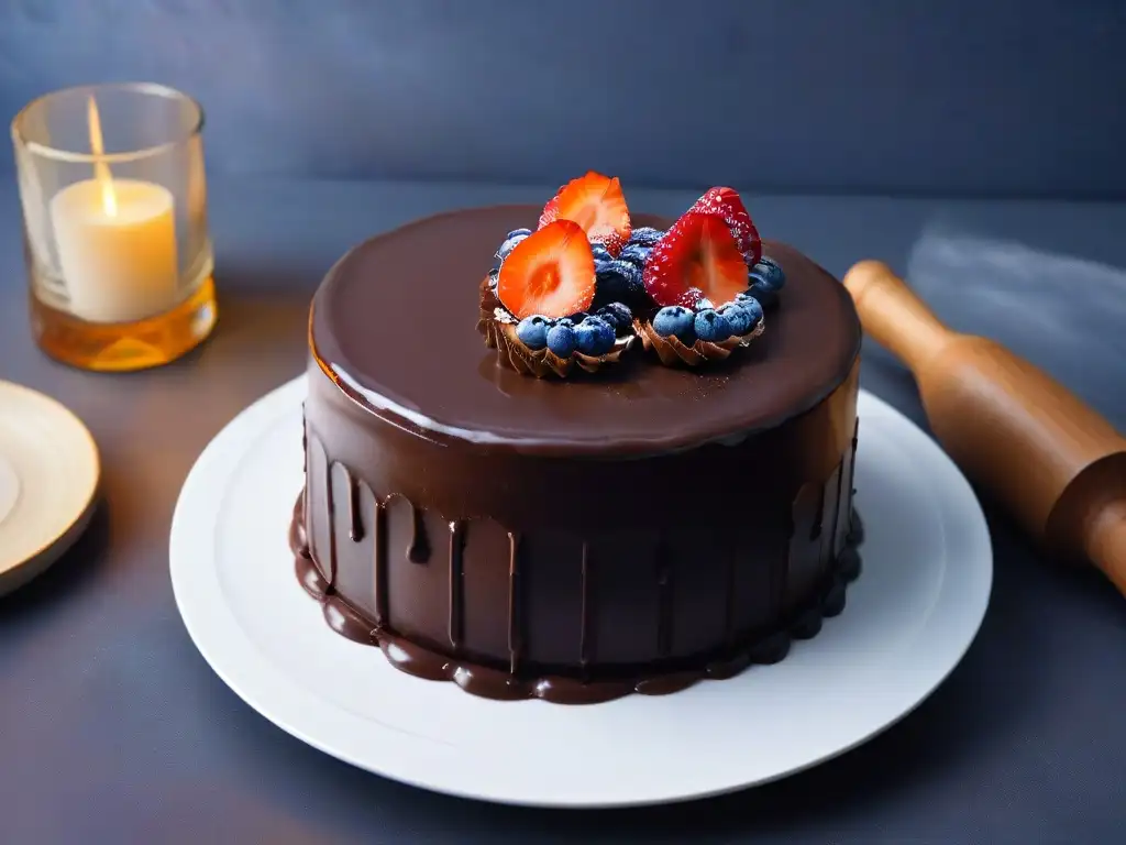 Una exquisita torta de chocolate con glaseado de zapote negro, sobre un elegante plato blanco