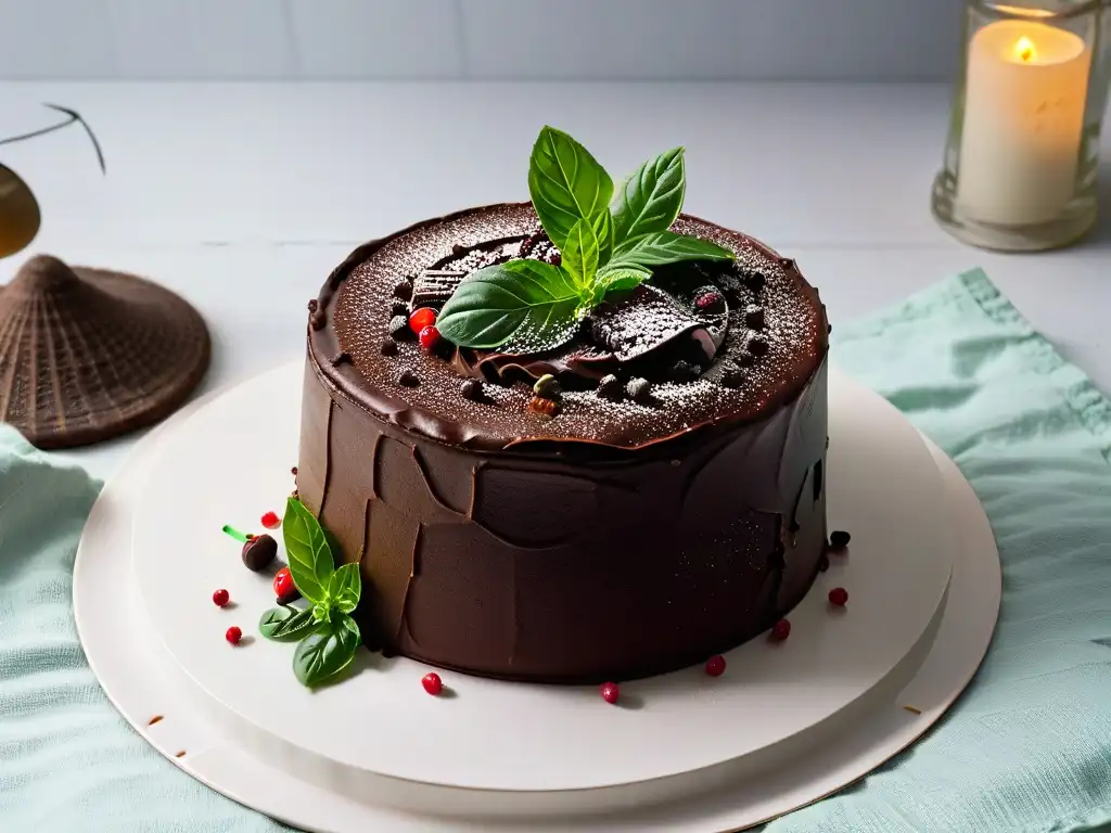 Una exquisita torta de chocolate con hojas verdes de albahaca y granos rosados de pimienta, en un plato blanco