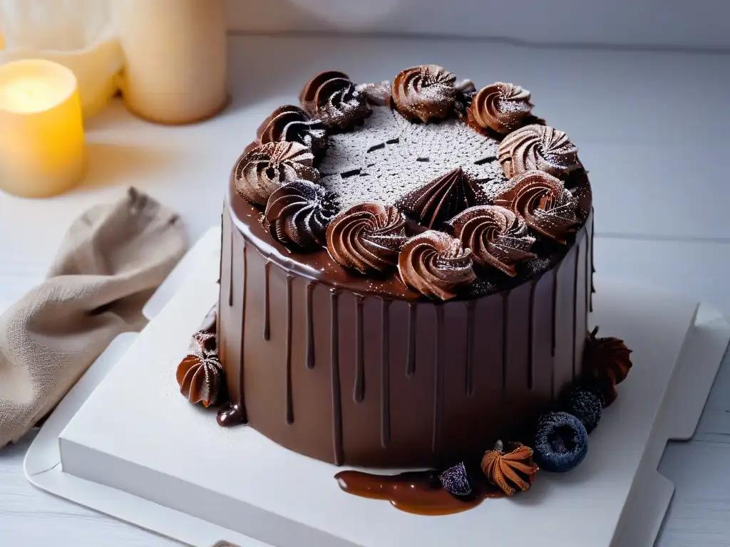 Exquisita cobertura de ganache en pastel de chocolate Una exquisita torta de chocolate con ganache de ron oscuro, irresistible para los amantes de los usos del alcohol en repostería