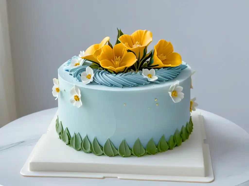 Exquisita torta decorada con delicadas flores de azúcar y detalles en oro comestible