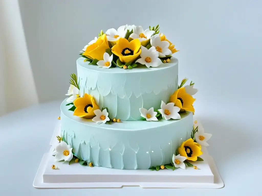 Una exquisita torta decorada con detallado diseño de repostería y toques dorados, en elegante mármol blanco