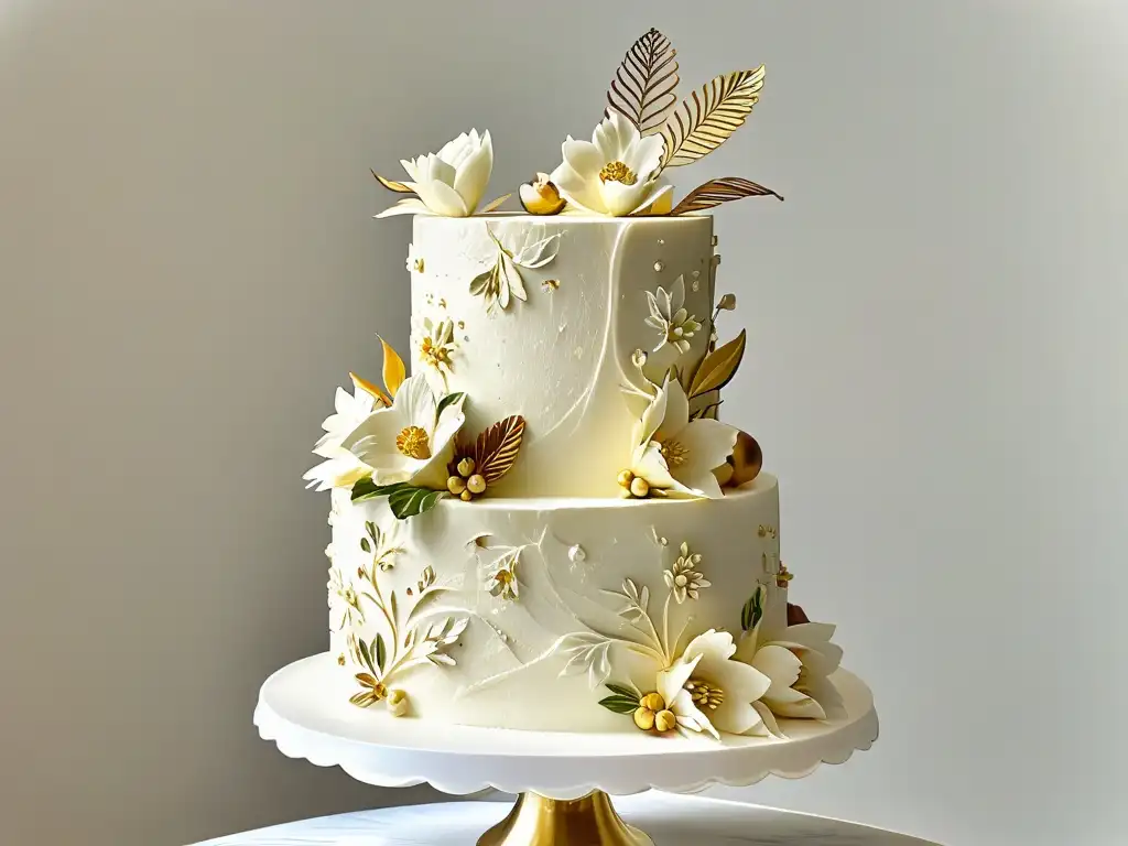 Una exquisita torta decorada con detallados diseños de glaseado, flores de azúcar y detalles de hojas de oro, sobre un soporte de mármol blanco