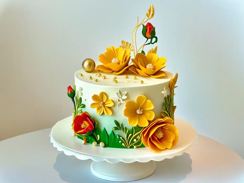 Una exquisita torta decorada con detalles intrincados y colores vibrantes, resaltando el Comercio Justo en repostería