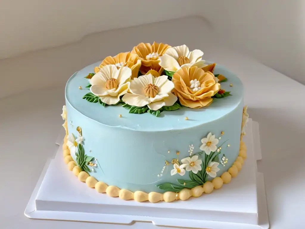 Una exquisita torta decorada con detalles intrincados en colores pastel y flores de azúcar, sobre un elegante mostrador de mármol blanco