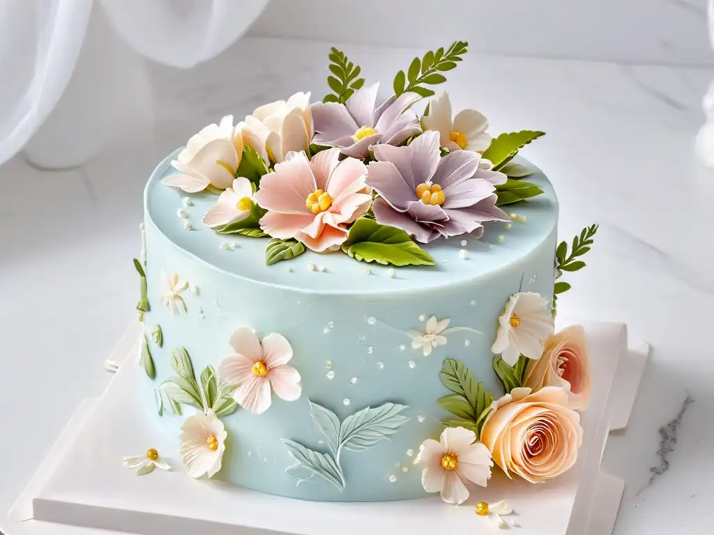 Una exquisita torta decorada con flores de azúcar en tonos pasteles y detalles metálicos brillantes, exhibida sobre mármol blanco