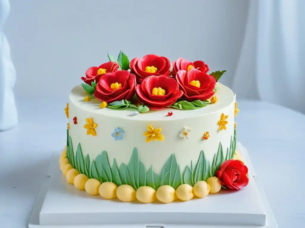 Exquisita torta decorada con flores de colores pastel y detalles elaborados, ideal para influencers para promocionar pastelería