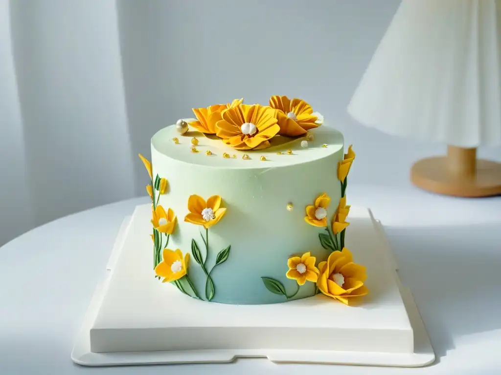 Una exquisita torta decorada con flores de azúcar, detalles delicados y acentos dorados