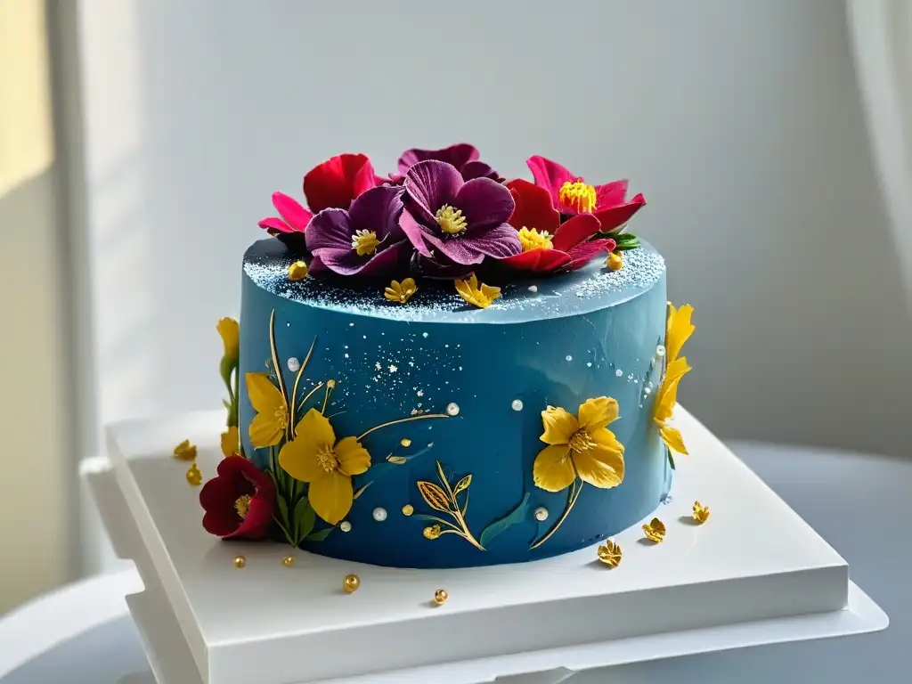 Una exquisita torta con diseño intrincado y adornos de flores comestibles y hojas doradas, en un entorno luminoso