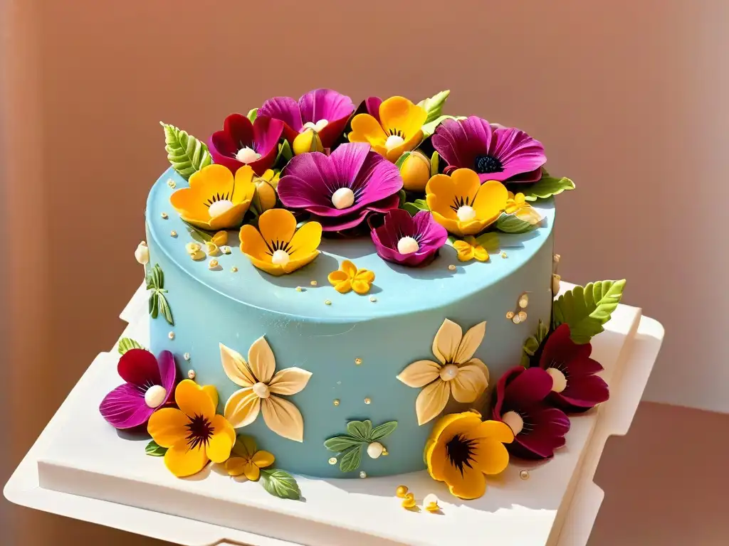 Una exquisita torta con flores comestibles y detalles dorados, muestra la magia de los colores comestibles para repostería