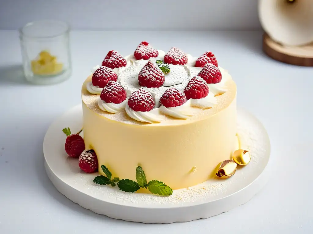 Exquisita torta de harina de coco con oro comestible, frambuesas y hojas de menta, en un elegante plato blanco en una cocina de alta gama