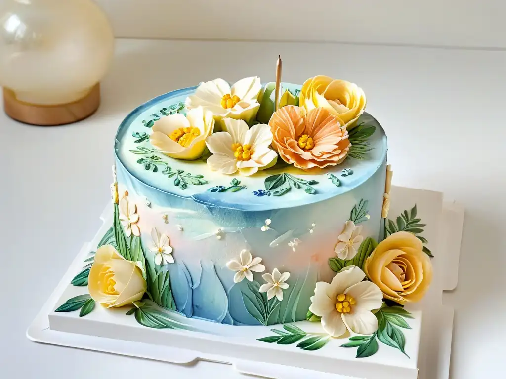 Una exquisita torta pintada a mano con flores en tonos pastel