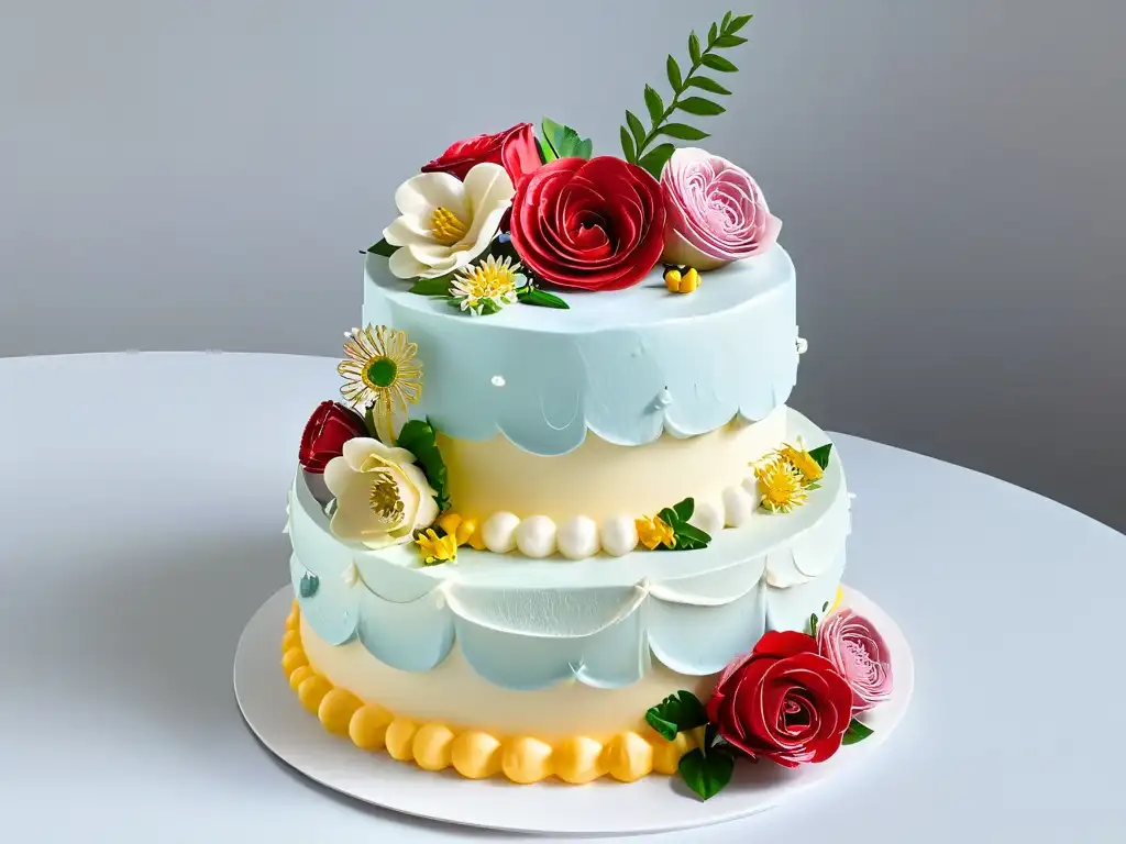 Una exquisita torta de tres pisos decorada con detalle y realismo, ejemplificando la vectorización de recetas de repostería en Adobe Illustrator