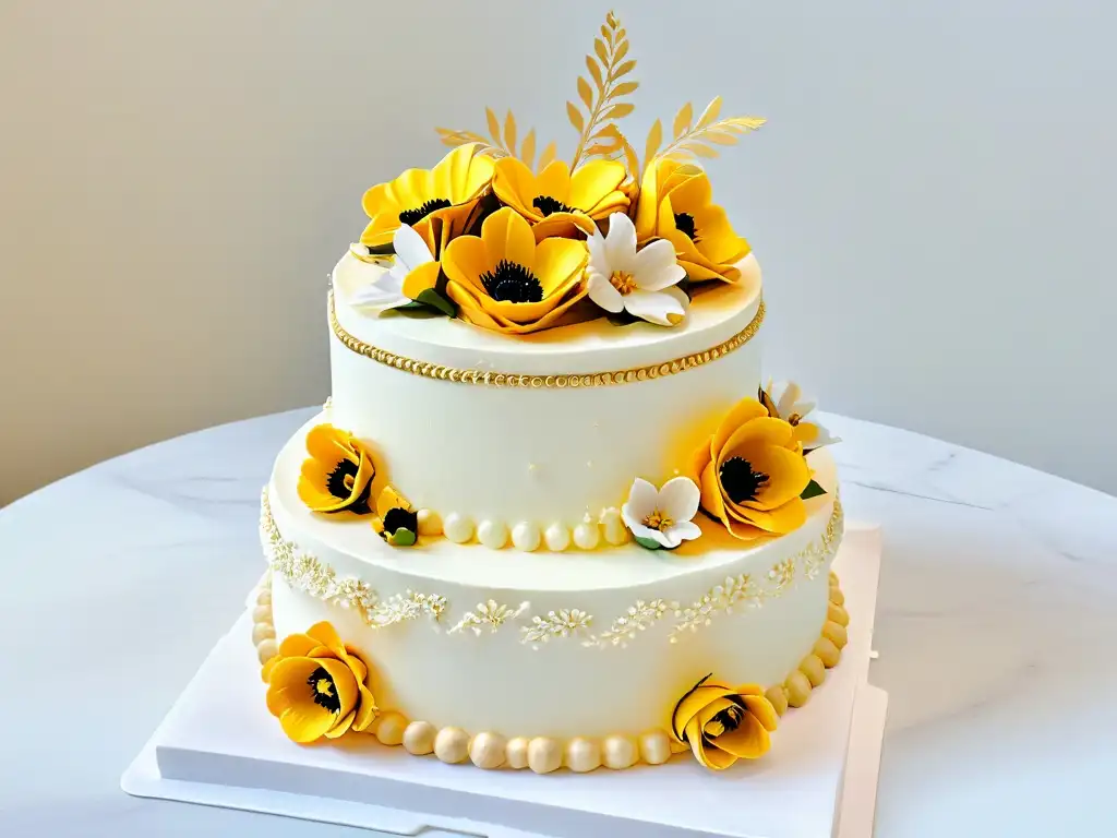 Exquisita torta de tres pisos con decoración detallada y dorado comestible, en elegante mostrador de mármol blanco