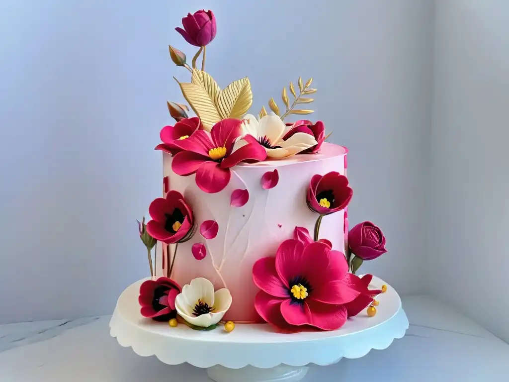 Exquisita torta de tres pisos con flores comestibles en tonos vibrantes