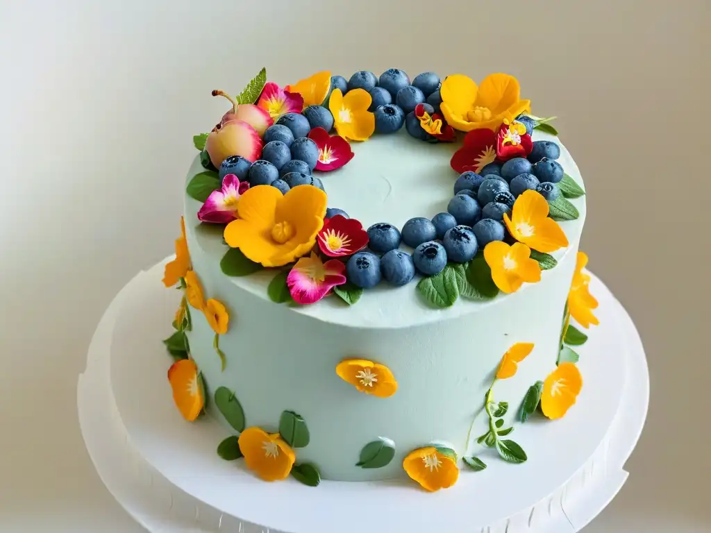 Una exquisita torta vegana adornada con flores comestibles y frutas frescas