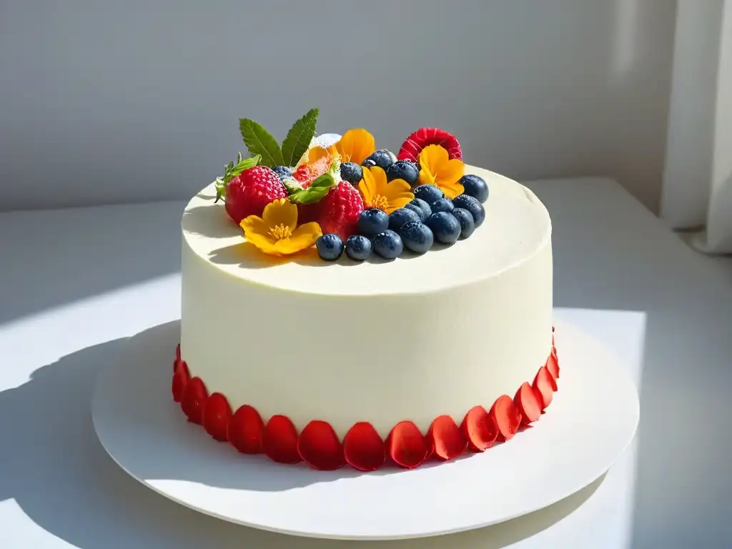 Una exquisita torta vegana decorada con frutas frescas y flores comestibles, lista para impresionar