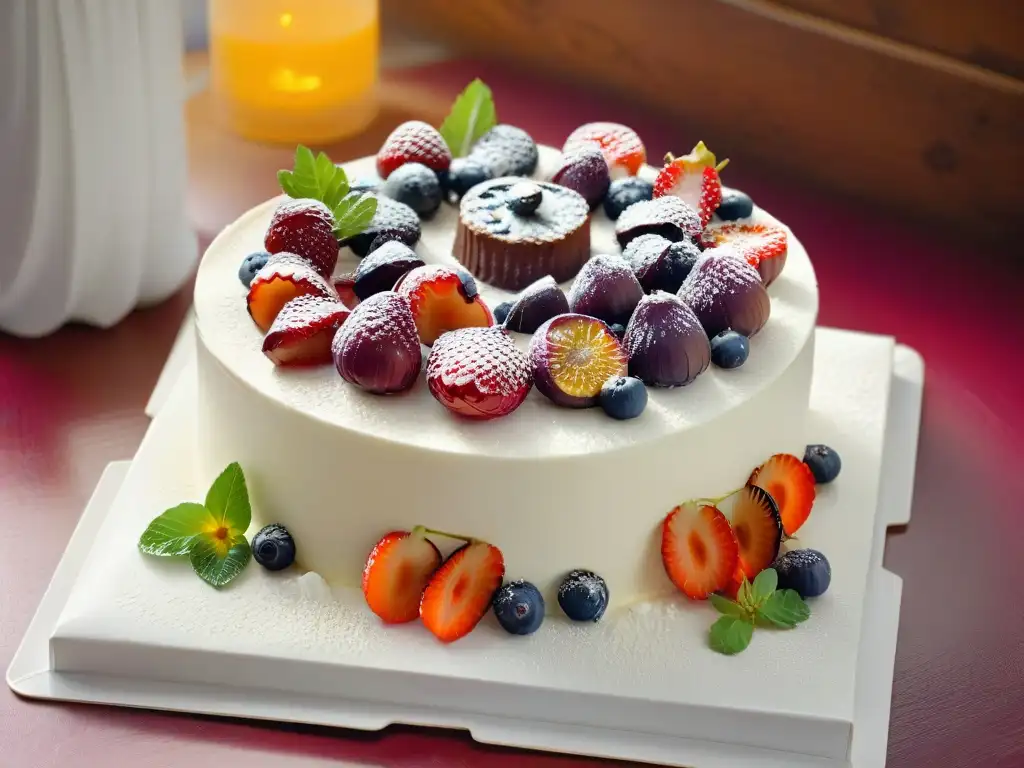 Una exquisita torta vegana decorada con frutas frescas sobre plato de mármol blanco