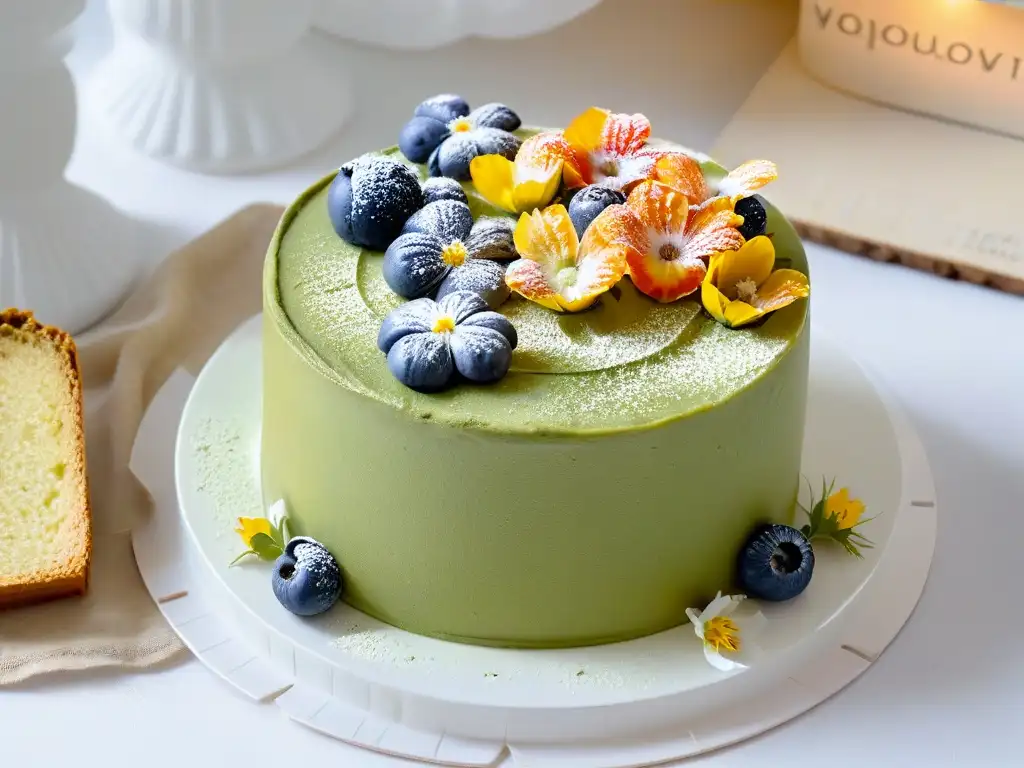 Una exquisita torta vegana de matcha decorada con flores comestibles y bayas frescas