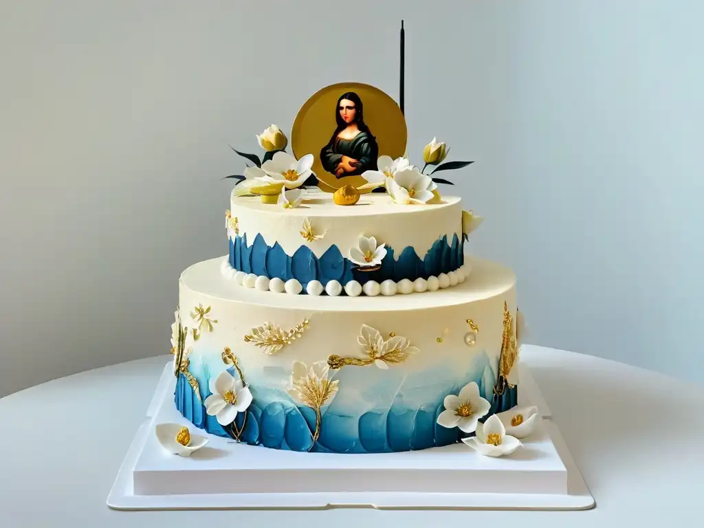 Exquisita decoración tortas Renacimiento arte comestible con detalles en oro y esculturas de obras famosas en un pastel de tres pisos