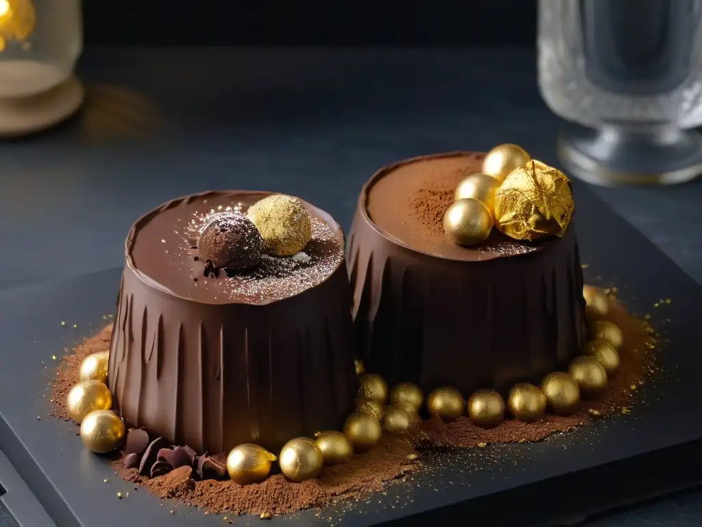 Exquisito trufa de chocolate belga con hoja de oro Exquisita trufa de chocolate belga decorada con hoja de oro en elegante superficie negra