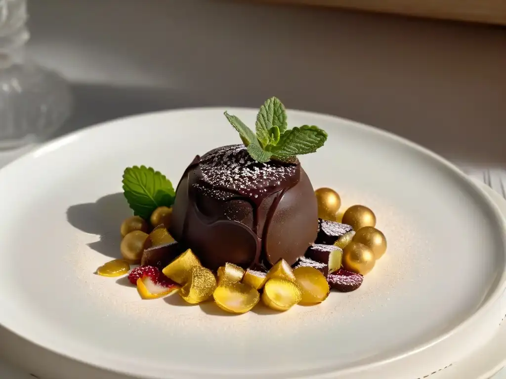 Una exquisita trufa de chocolate eslovena, decorada con oro, frambuesa y menta, sobre plato de porcelana con diseño floral