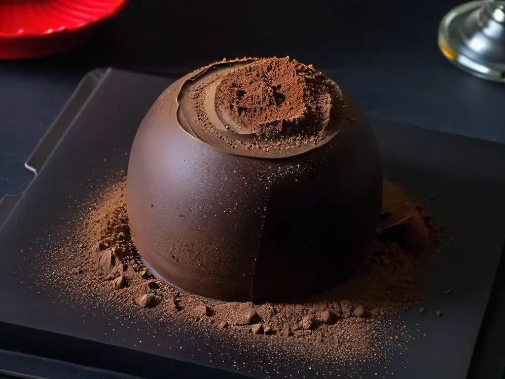 Exquisita trufa de chocolate eslovena en plato negro mate, resaltando su brillo y detalles