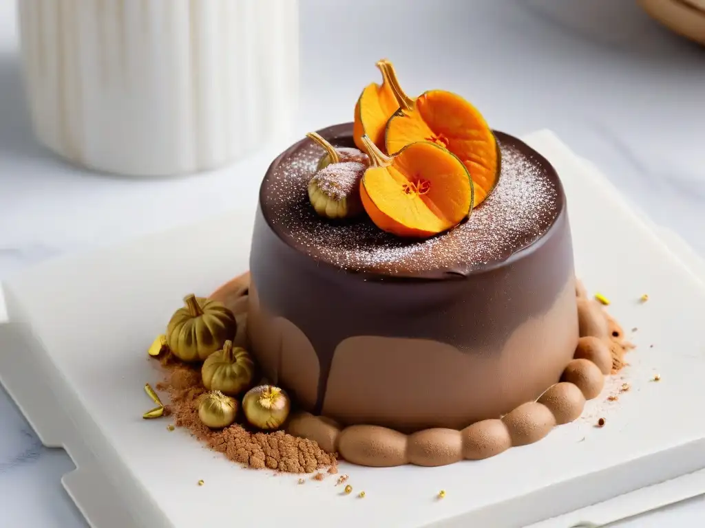 Exquisita trufa de chocolate con polvo de calabaza, lujo y sofisticación en una elegante presentación sobre mármol moderno