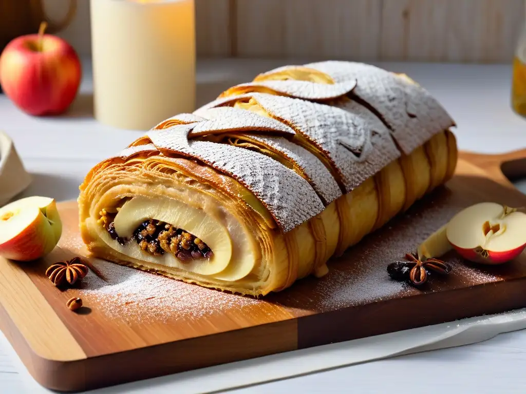 Una exquisita variación del Strudel en Europa: un suculento strudel de manzana dorado sobre tabla de madera rústica