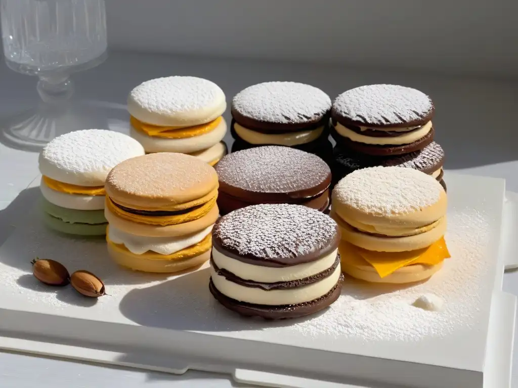 Una exquisita variedad de alfajores latinoamericanos decorados, en plato blanco moderno