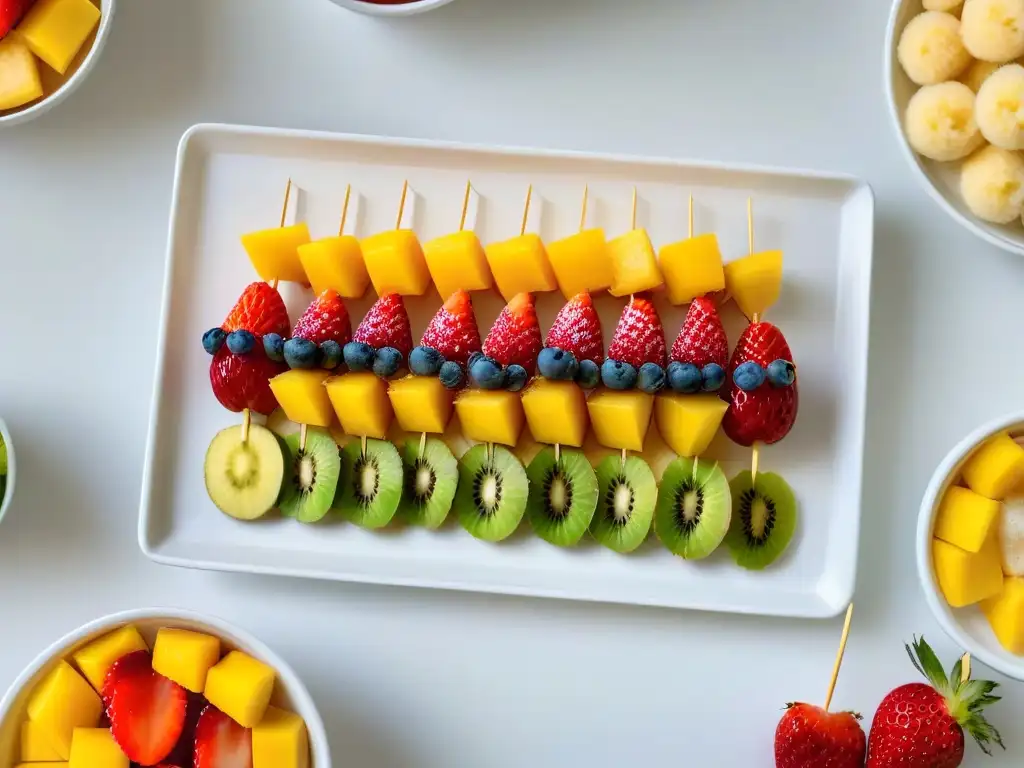 Deliciosas brochetas de frutas frescas: postres saludables Una exquisita variedad de brochetas de frutas coloridas en un plato blanco moderno, con fresas, mango, kiwi y piña