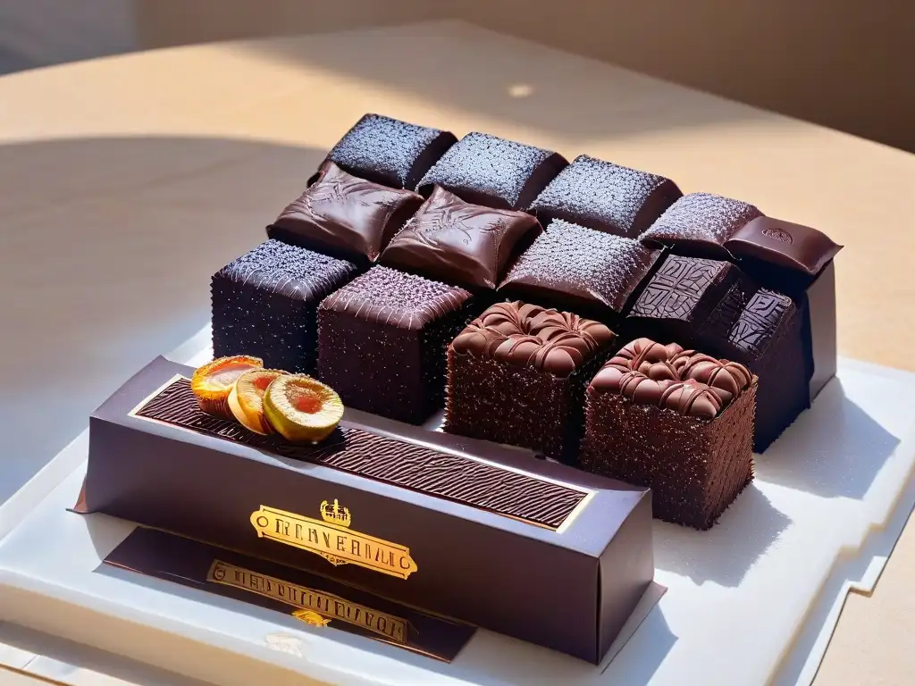 Exquisita variedad de chocolates belgas en moderna encimera de mármol