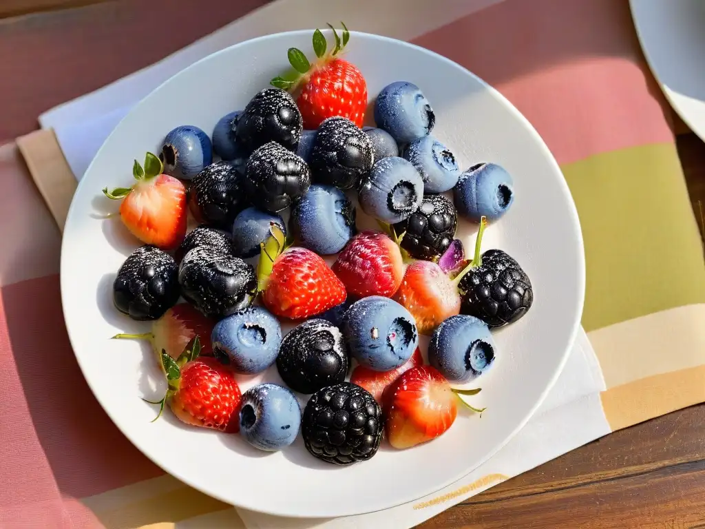 Una exquisita variedad de bayas frescas brillantes en un plato blanco