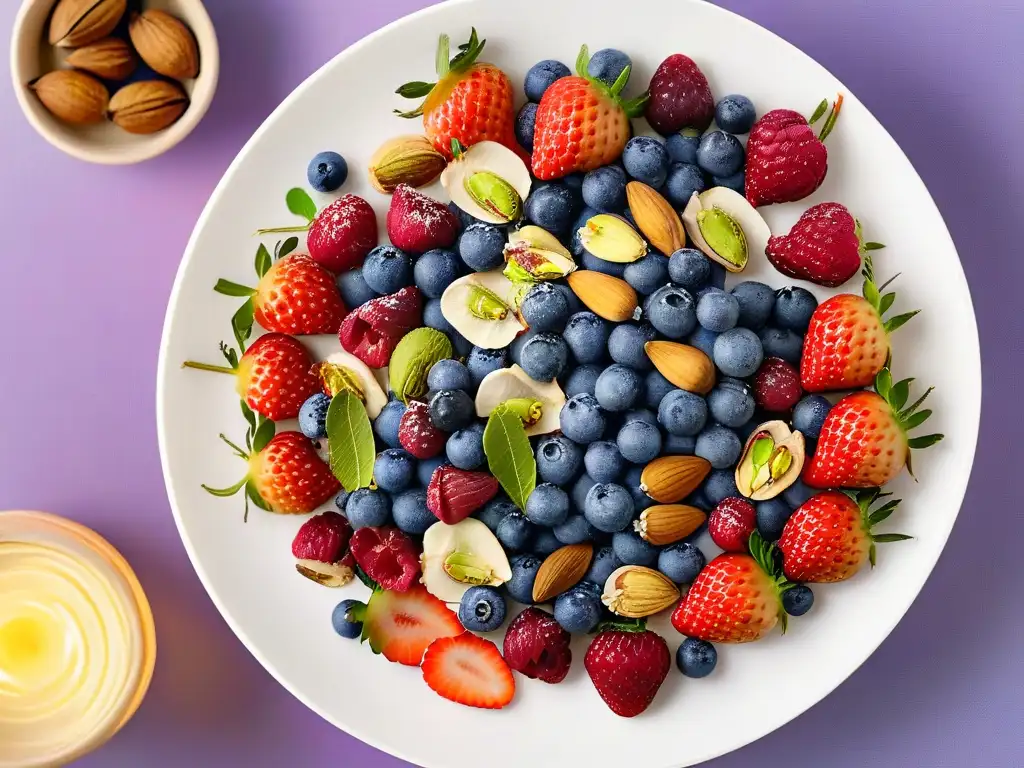 Exquisita combinación de frutas y frutos secos en plato blanco Una exquisita variedad de bayas frescas y frutos secos en un plato blanco, muestra los beneficios de postres saludables